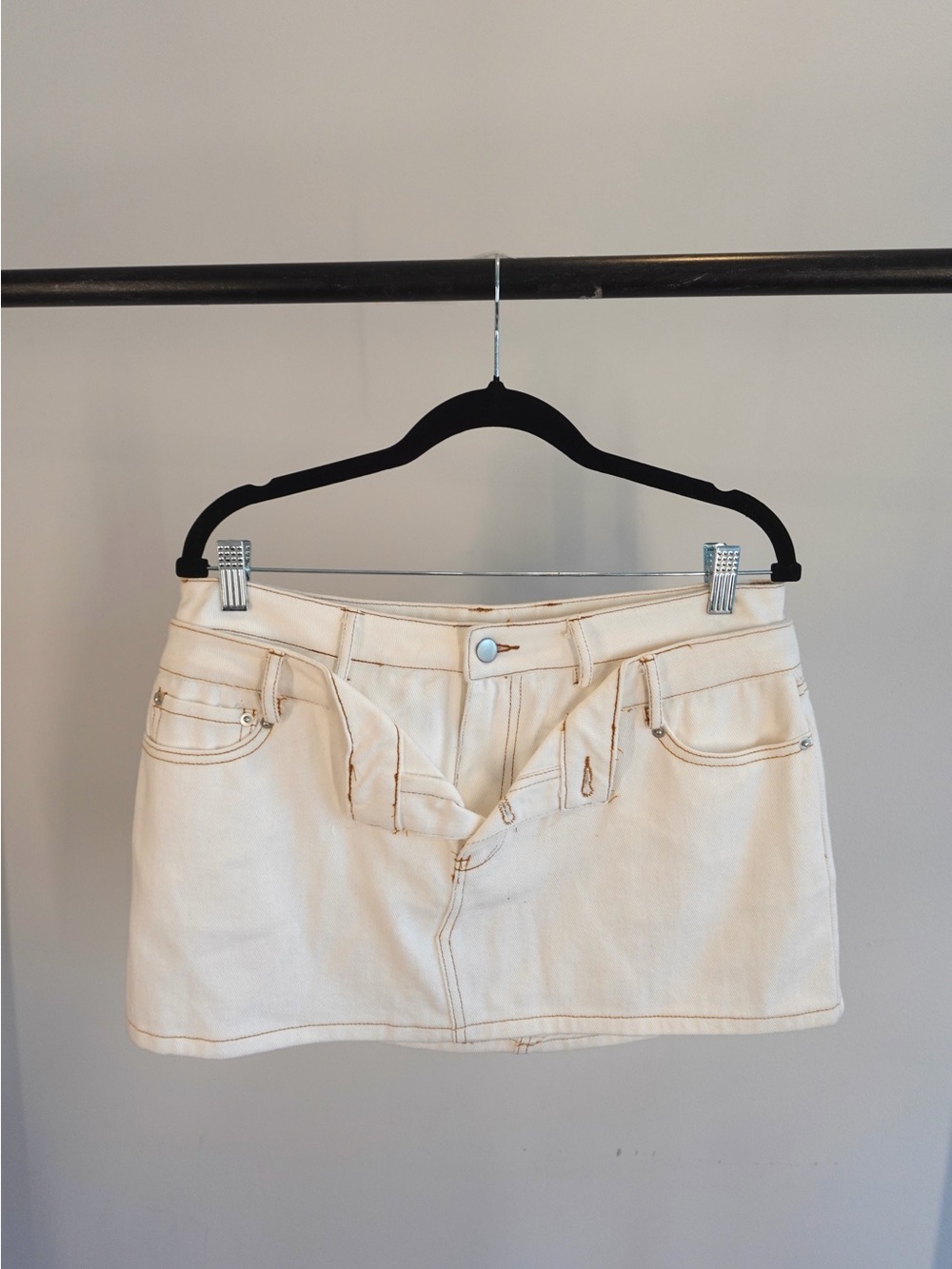 Cream Button Open Fly Detail Denim Mini Skirt